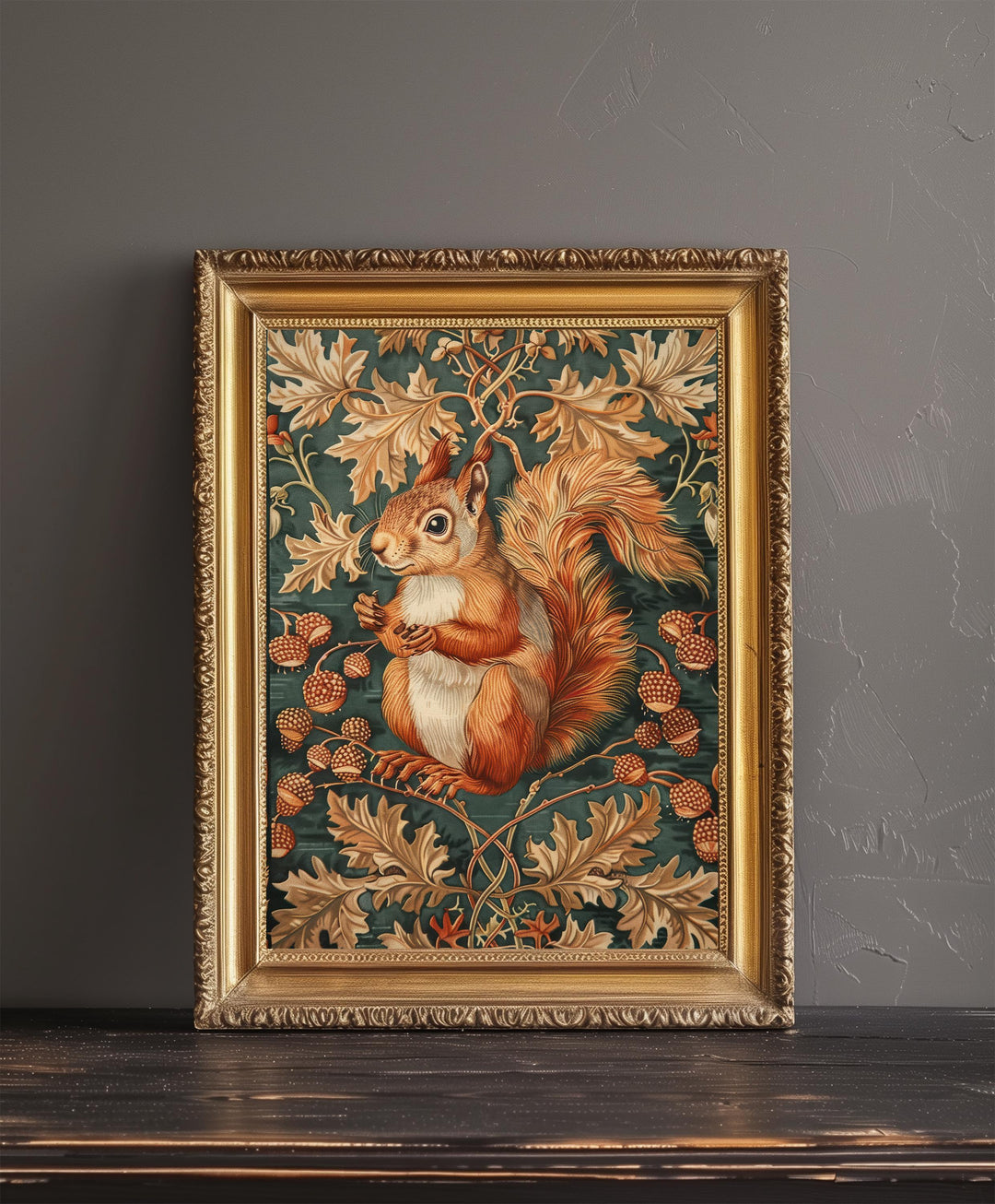 Red Squirrel in a Floral Pattern Poster William Morris Style Cottagecore Art Vintage Nature Illustration Rustic Decor