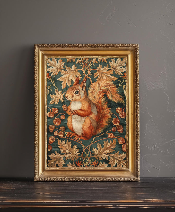Red Squirrel in a Floral Pattern Poster William Morris Style Cottagecore Art Vintage Nature Illustration Rustic Decor