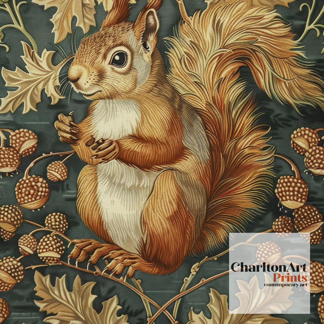 Red Squirrel in a Floral Pattern Poster William Morris Style Cottagecore Art Vintage Nature Illustration Rustic Decor