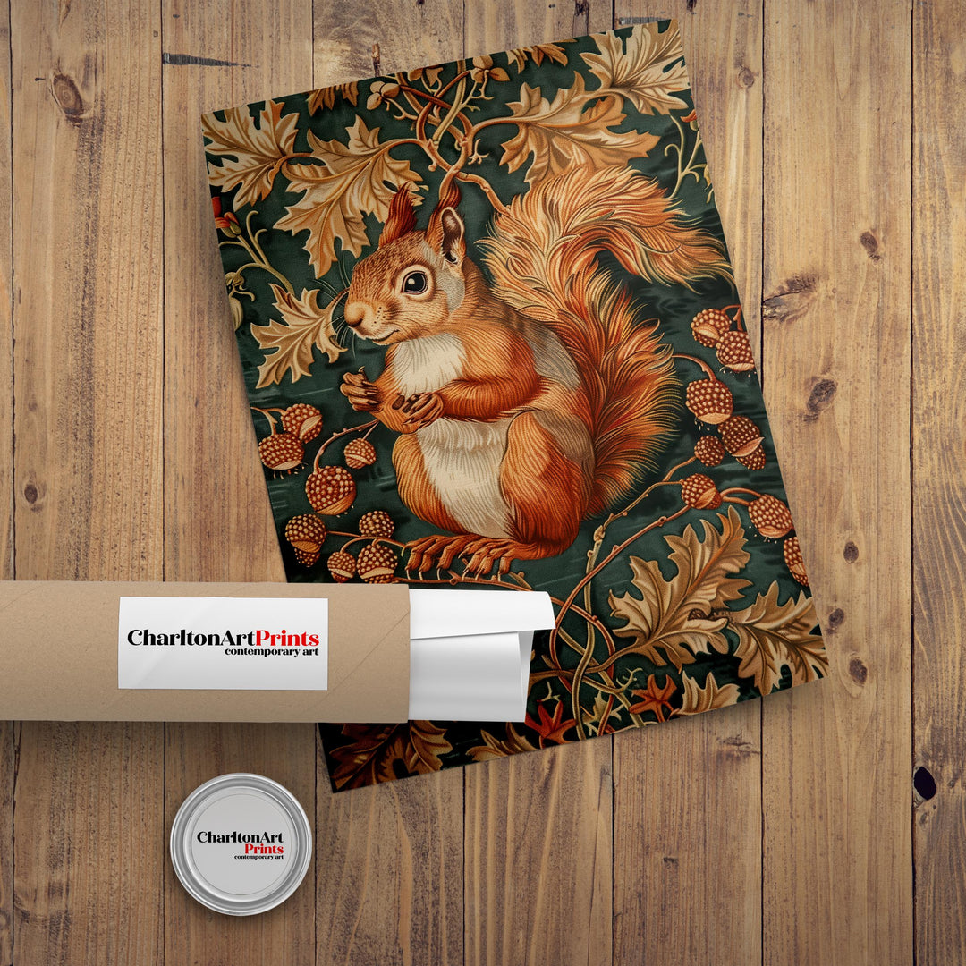 Red Squirrel in a Floral Pattern Poster William Morris Style Cottagecore Art Vintage Nature Illustration Rustic Decor