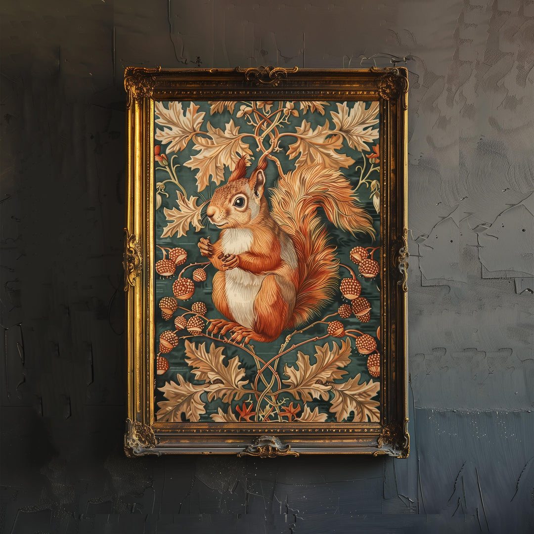 Red Squirrel in a Floral Pattern Poster William Morris Style Cottagecore Art Vintage Nature Illustration Rustic Decor