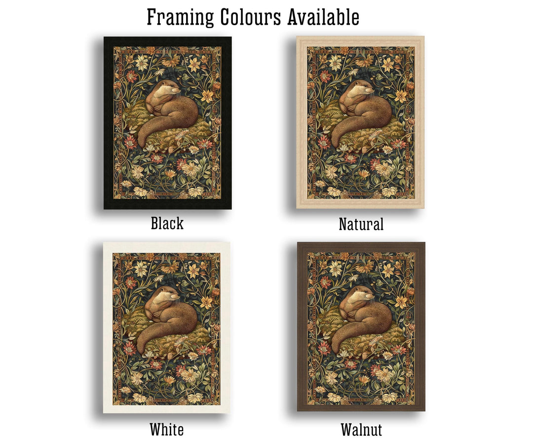 Otter in a Floral Pattern Poster William Morris Style Cottagecore Art Vintage Nature Illustration Rustic Decor