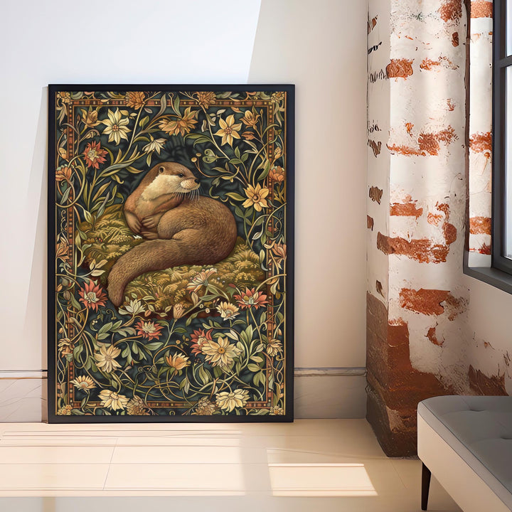 Otter in a Floral Pattern Poster William Morris Style Cottagecore Art Vintage Nature Illustration Rustic Decor
