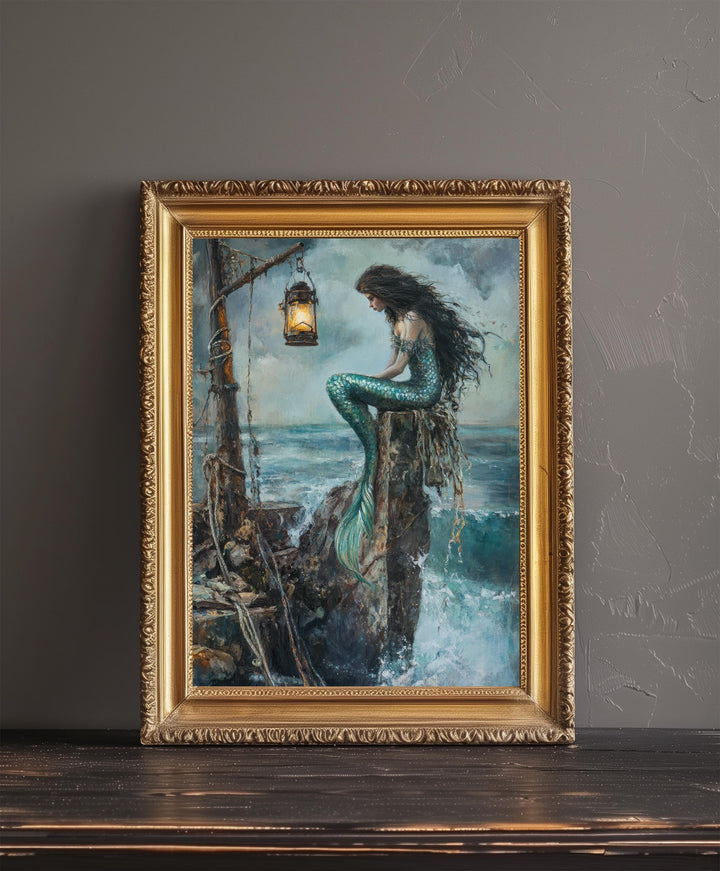 Mermaid Siren on the Rocks Poster Ocean Mythical Art Coastal Decor Dark Academia Illustration Magical Sea Print