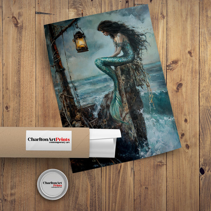 Mermaid Siren on the Rocks Poster Ocean Mythical Art Coastal Decor Dark Academia Illustration Magical Sea Print