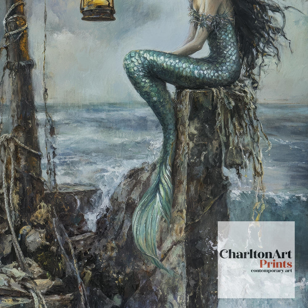 Mermaid Siren on the Rocks Poster Ocean Mythical Art Coastal Decor Dark Academia Illustration Magical Sea Print