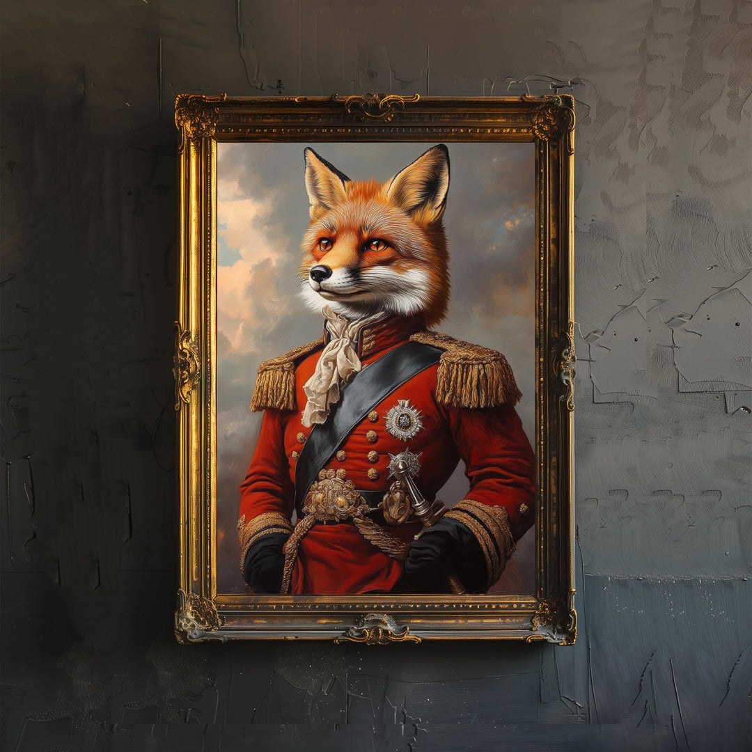Regal Fox Portrait Poster Humorous Animal Art Vintage Wildlife Illustration Noble Wall Decor