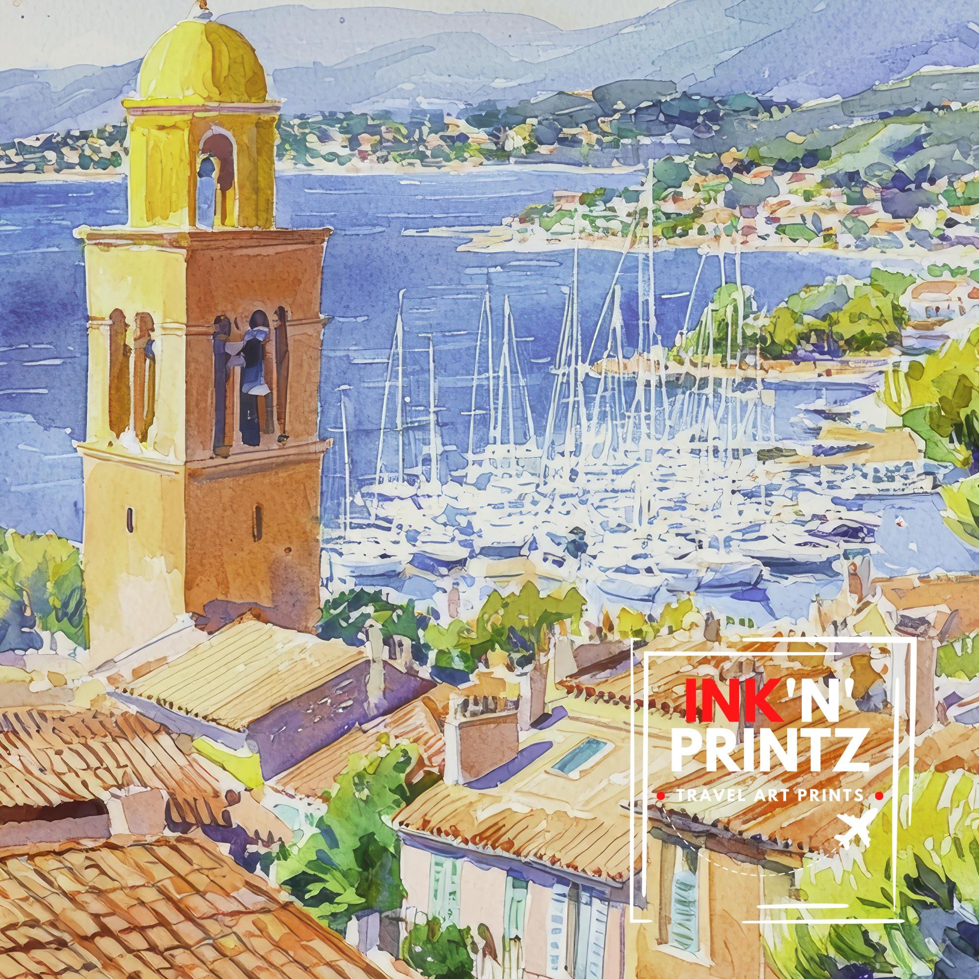 Saint-Tropez Harbor Watercolor Painting French Riviera Art Print Coastal Town Decor Gift for France Lovers
