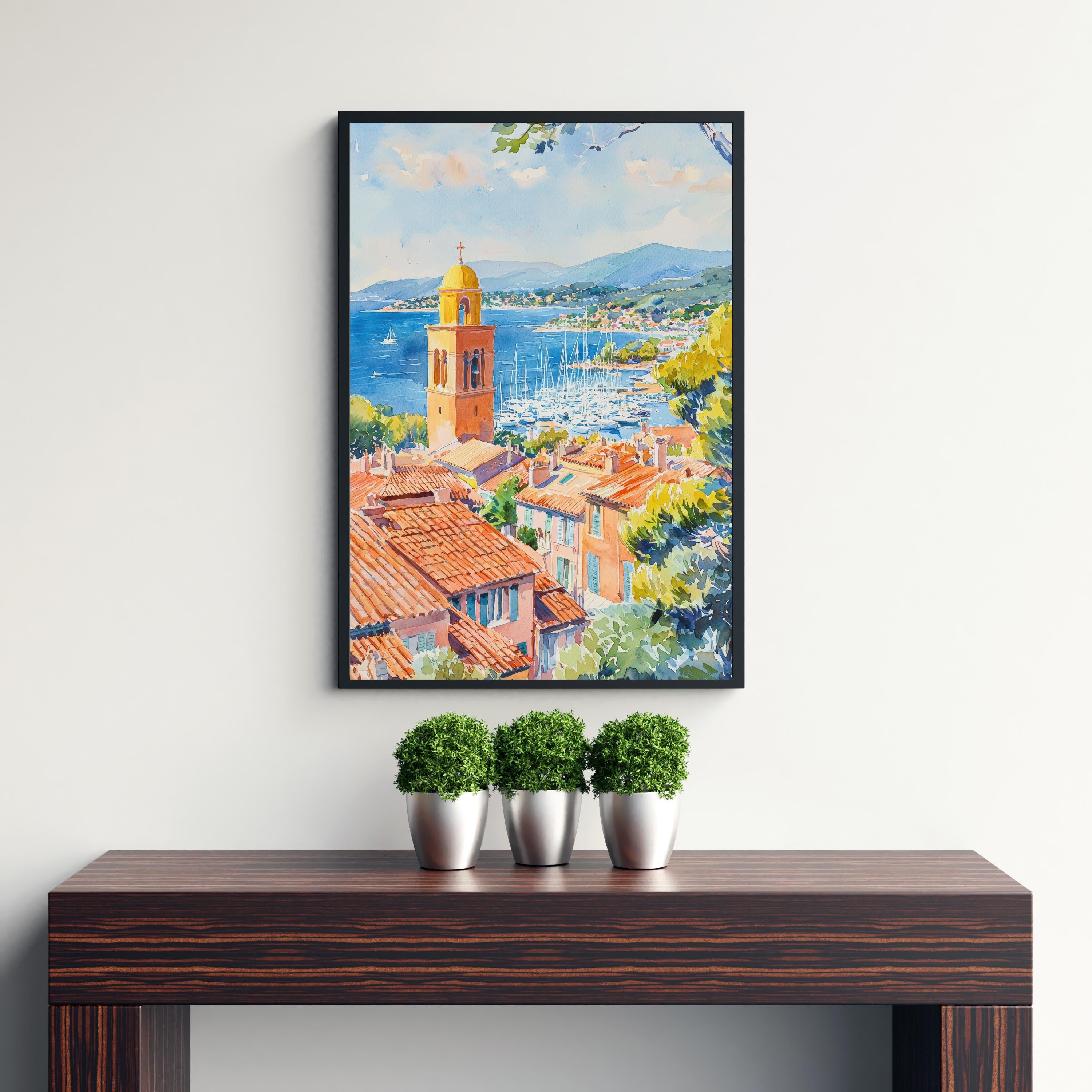 Saint-Tropez Harbor Watercolor Painting French Riviera Art Print Coastal Town Decor Gift for France Lovers