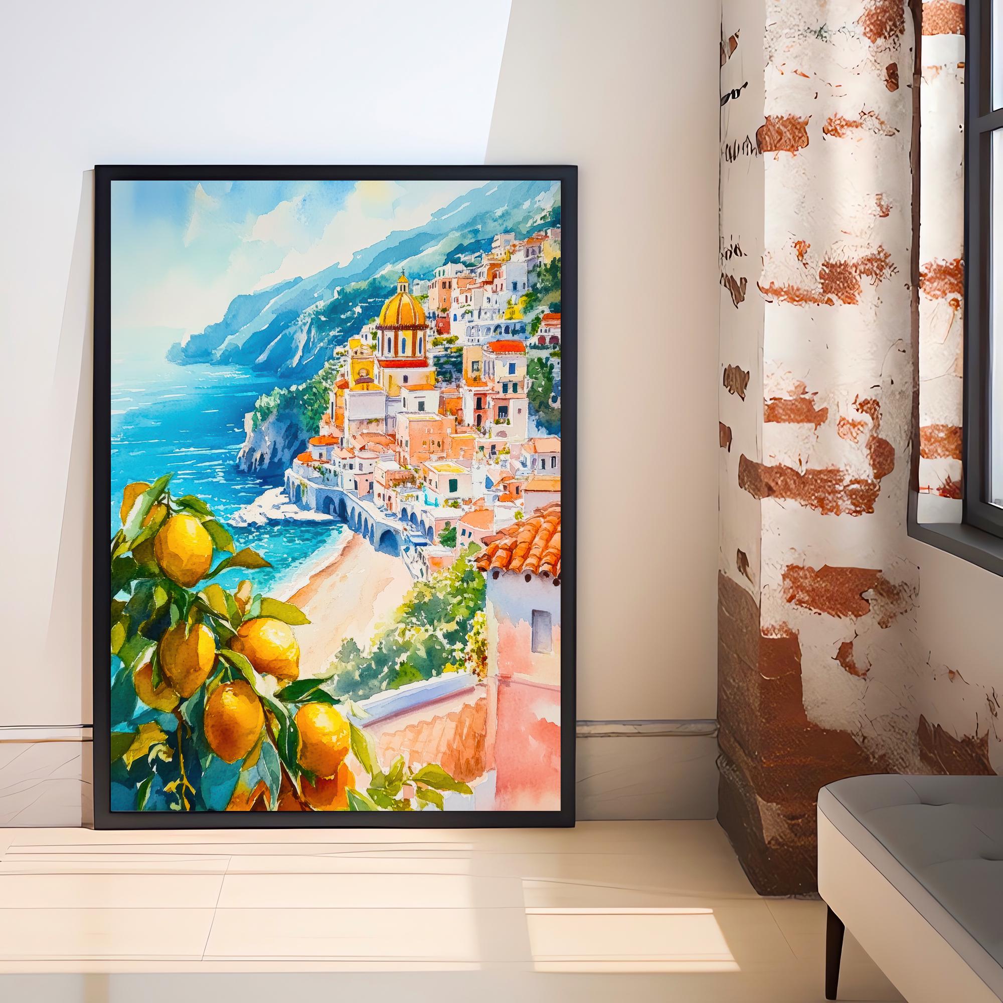 Amalfi Coast Watercolor Painting Italy Wall Art Mediterranean Coastal Print Scenic Landscape Decor Gift for Europe Lovers and Travel