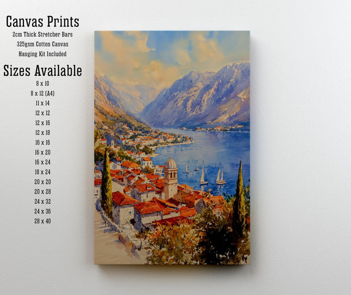 Kotor Bay Montenegro Watercolor Painting Adriatic Coastal Wall Art Scenic Landscape Print Decor Gift for Europe Lovers and Balkan Travel