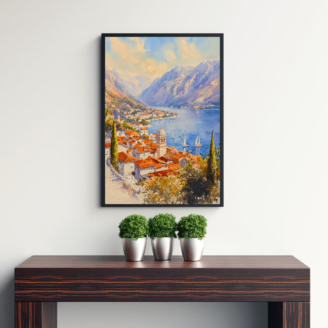 Kotor Bay Montenegro Watercolor Painting Adriatic Coastal Wall Art Scenic Landscape Print Decor Gift for Europe Lovers and Balkan Travel