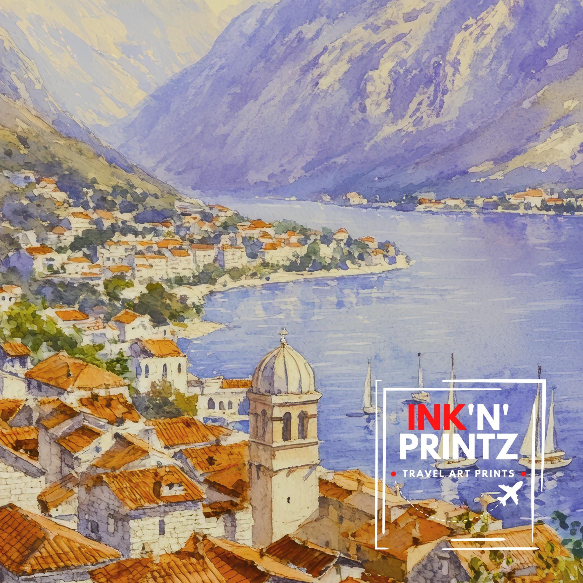 Kotor Bay Montenegro Watercolor Painting Adriatic Coastal Wall Art Scenic Landscape Print Decor Gift for Europe Lovers and Balkan Travel