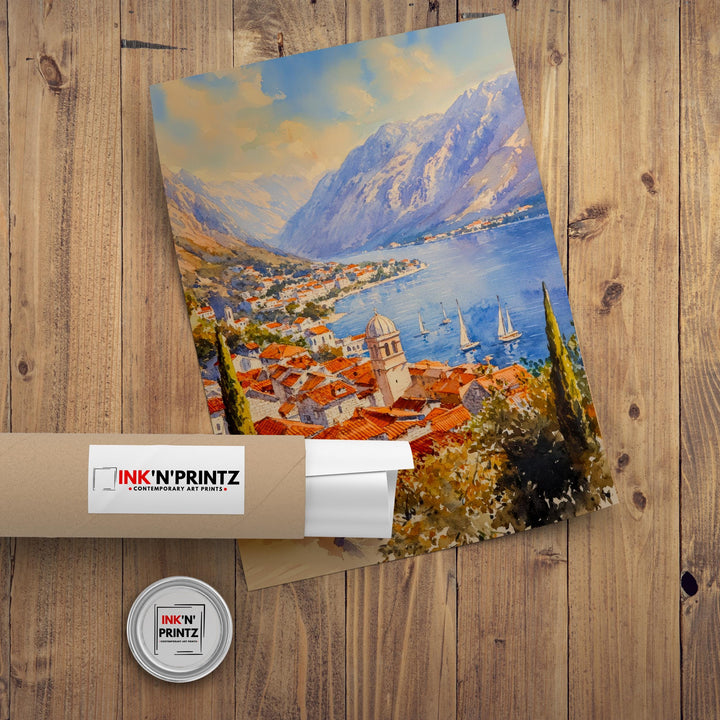 Kotor Bay Montenegro Watercolor Painting Adriatic Coastal Wall Art Scenic Landscape Print Decor Gift for Europe Lovers and Balkan Travel