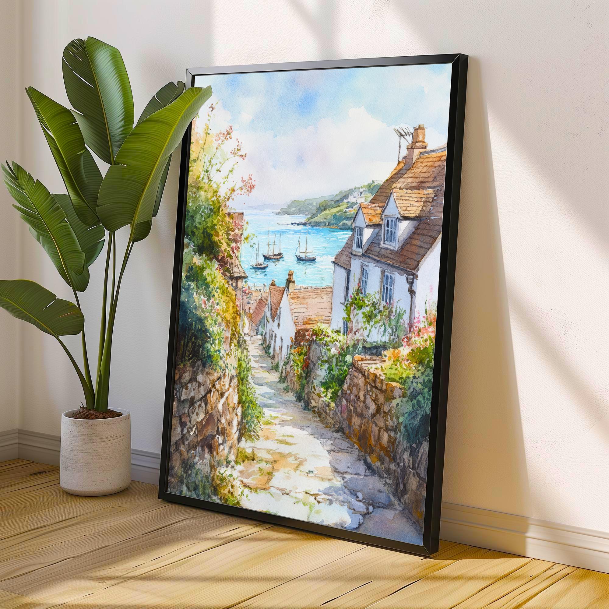 Looe Cornwall England Watercolour Painting Coastal Wall Art Seaside Town Print Decor Gift for UK Beach Lovers and Scenic Harbour Landscape