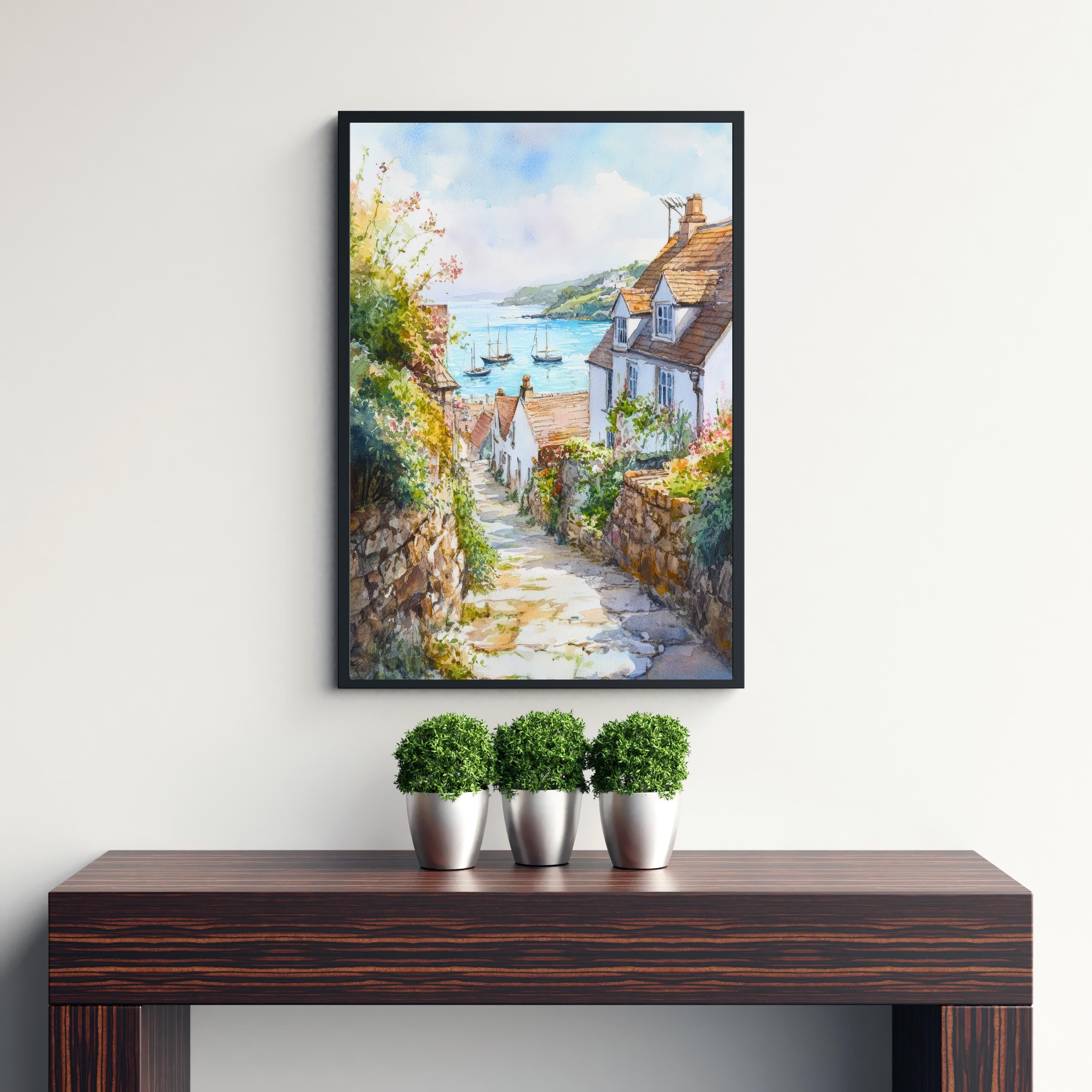 Looe Cornwall England Watercolour Painting Coastal Wall Art Seaside Town Print Decor Gift for UK Beach Lovers and Scenic Harbour Landscape