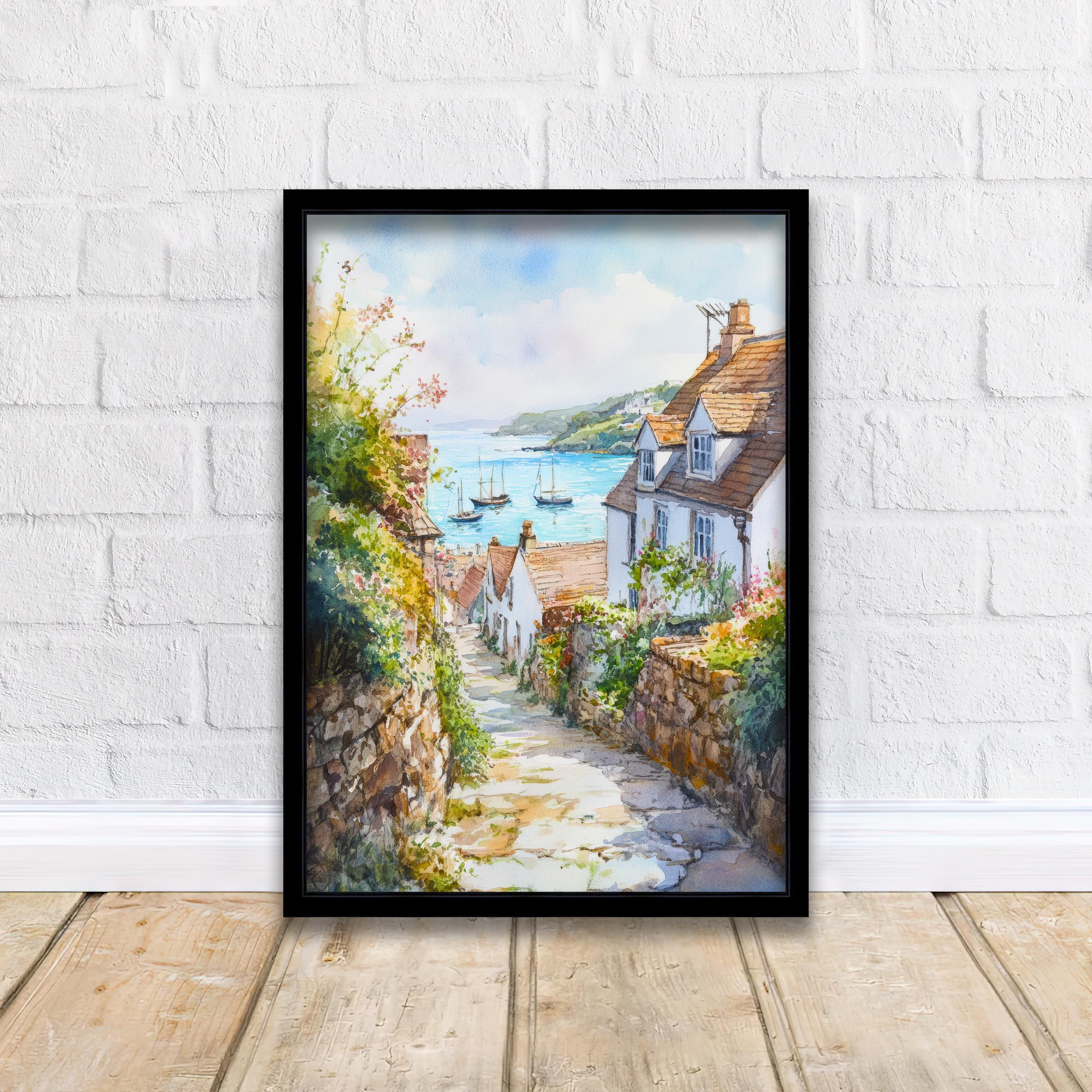 Looe Cornwall England Watercolour Painting Coastal Wall Art Seaside Town Print Decor Gift for UK Beach Lovers and Scenic Harbour Landscape