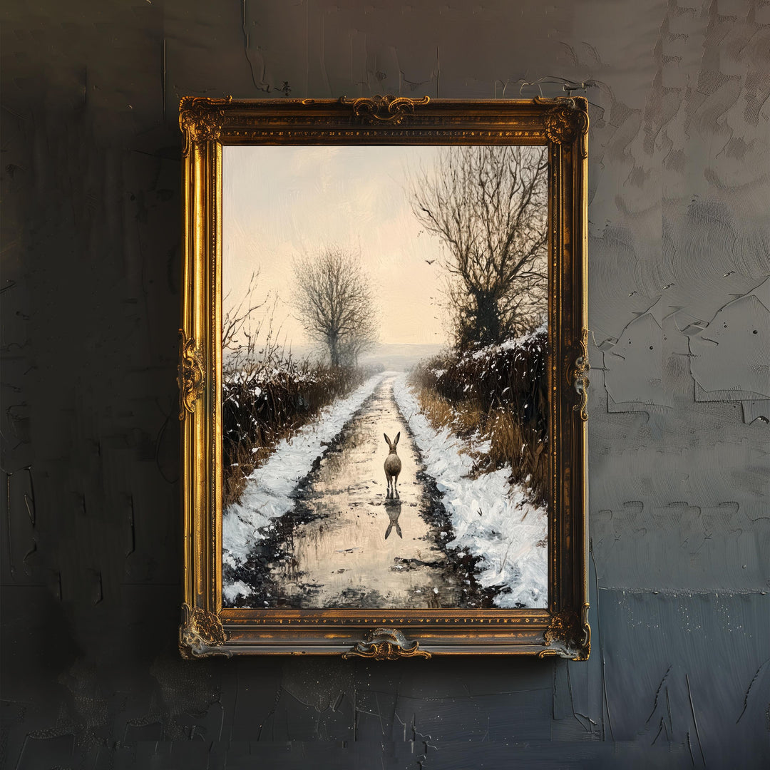 Hare On Winter Lane Poster Cottagecore Winter Scene Dark Academia Art Snowy Woodland Illustration Rustic Nature Wall Art
