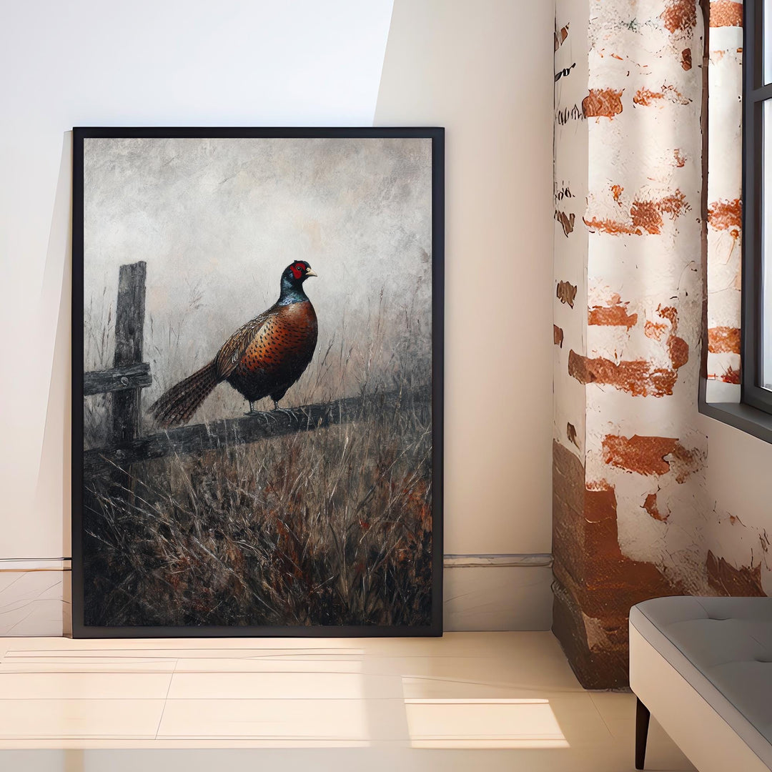 Pheasant In Misty Meadow Poster Cottagecore Nature Art Vintage Rustic Wildlife Illustration Enchanted Countryside Wall Art
