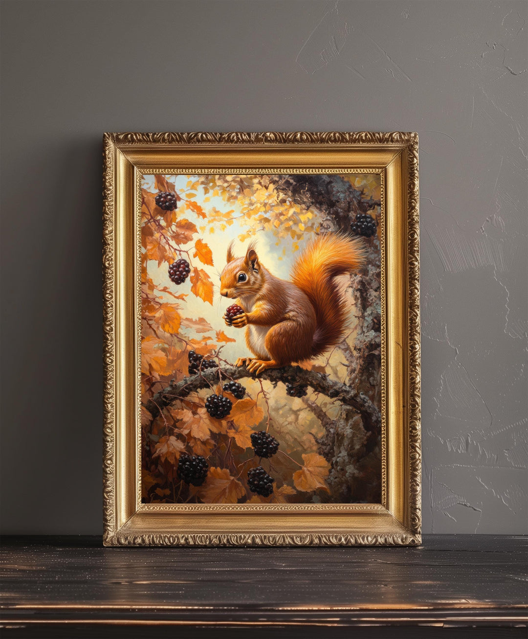 Red Squirrel In Autumn Brambles Poster Cottagecore Nature Art Vintage Rustic Woodland Wildlife Illustration Wall Art