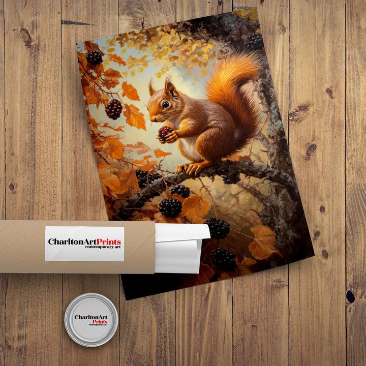 Red Squirrel In Autumn Brambles Poster Cottagecore Nature Art Vintage Rustic Woodland Wildlife Illustration Wall Art