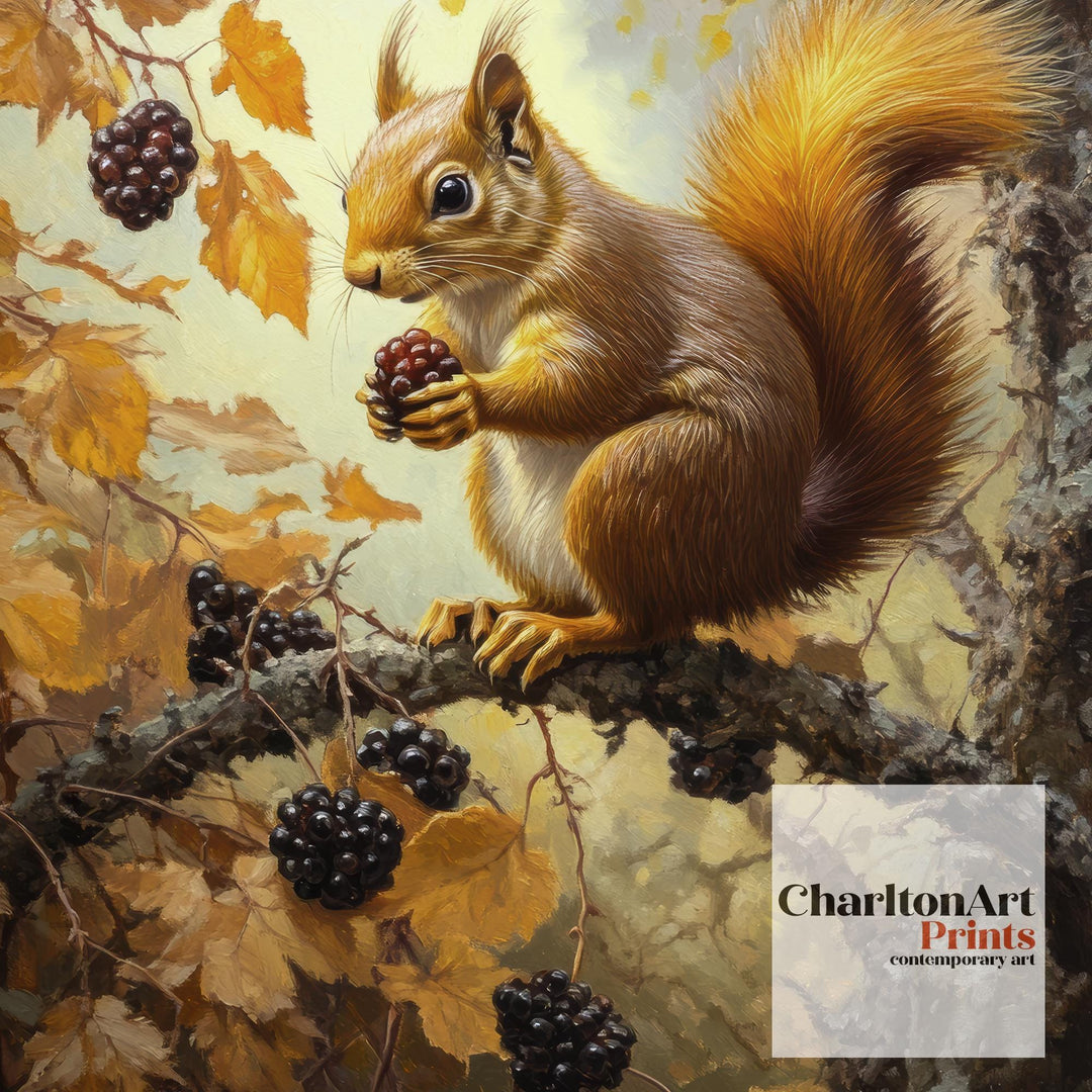 Red Squirrel In Autumn Brambles Poster Cottagecore Nature Art Vintage Rustic Woodland Wildlife Illustration Wall Art