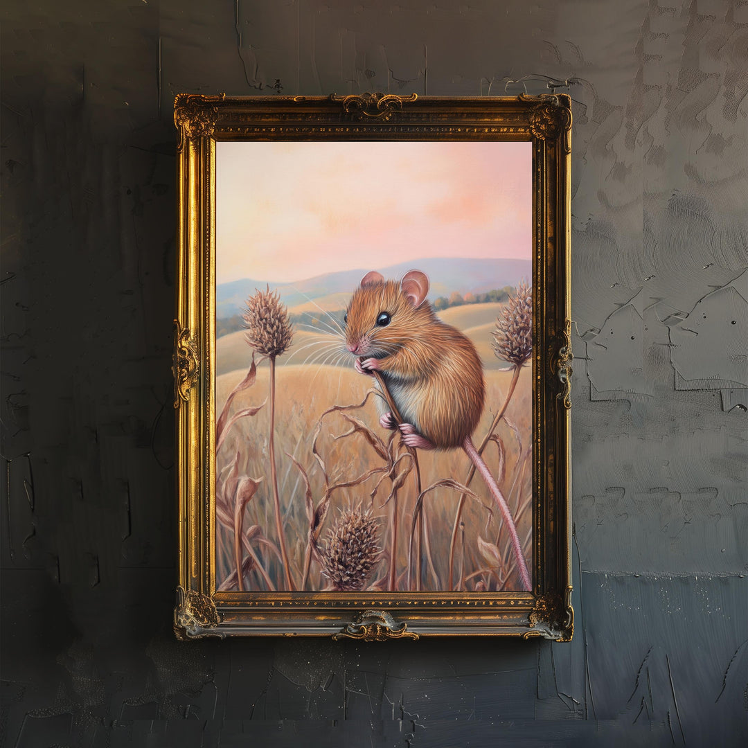 Mouse In Field Poster Cottagecore Nature Art Vintage Rustic Woodland Wildlife Illustration Wall Art