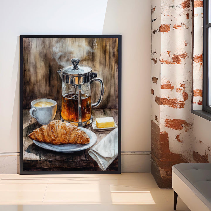 Morning Coffee and Croissant Poster Cottagecore Cafe Art Vintage Rustic Kitchen Illustration Breakfast Wall Decor