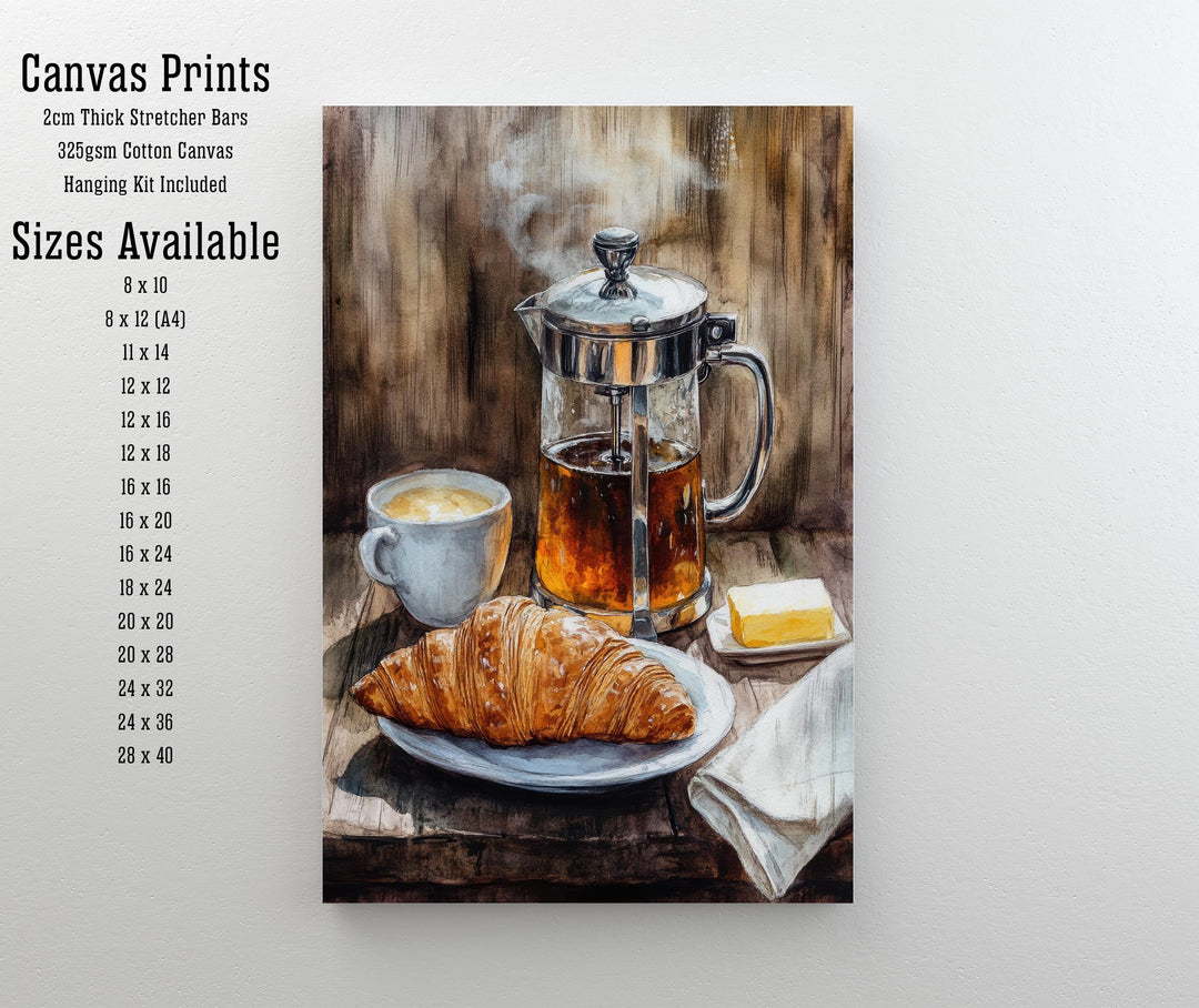 Morning Coffee and Croissant Poster Cottagecore Cafe Art Vintage Rustic Kitchen Illustration Breakfast Wall Decor