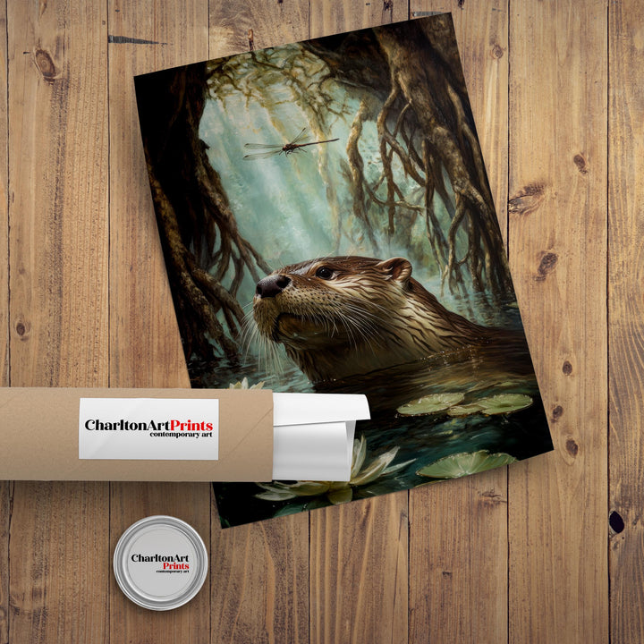 Otter Beneath Willow Roots Poster Cottagecore Decor Rustic Wildlife Illustration Enchanted Riverbank Wall Art
