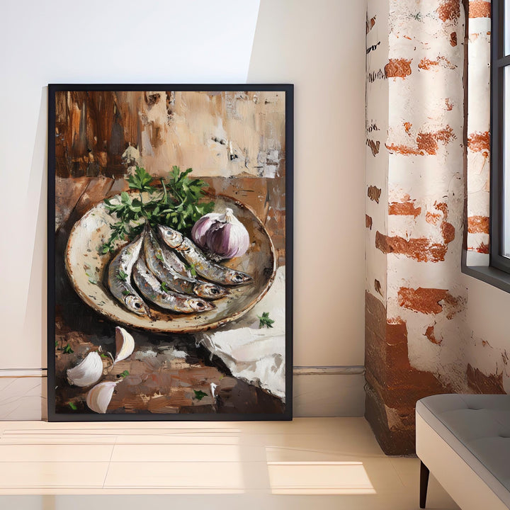 Plate of Sardines Poster Rustic Kitchen Wall Art Coastal Decor Vintage Food Illustration Mediterranean Cuisine Print