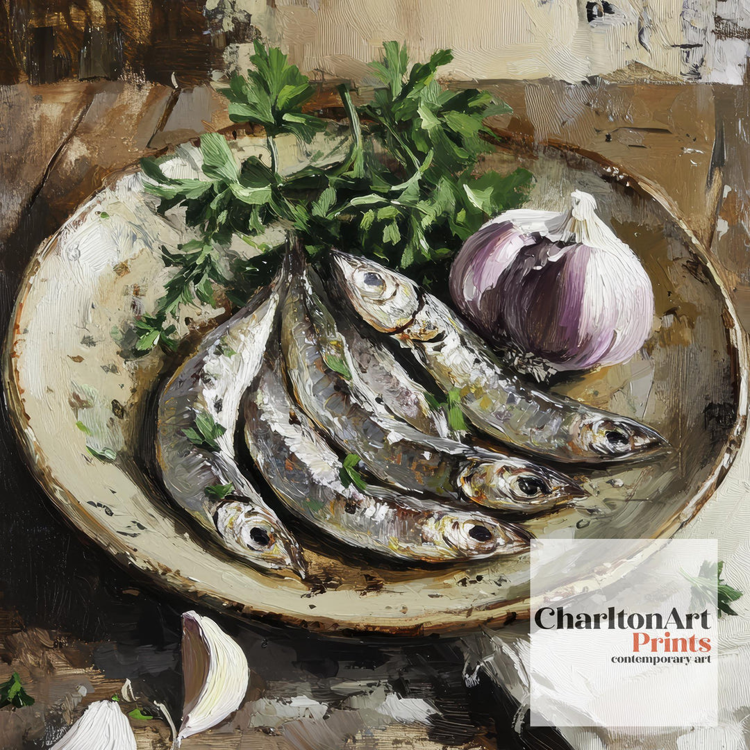 Plate of Sardines Poster Rustic Kitchen Wall Art Coastal Decor Vintage Food Illustration Mediterranean Cuisine Print