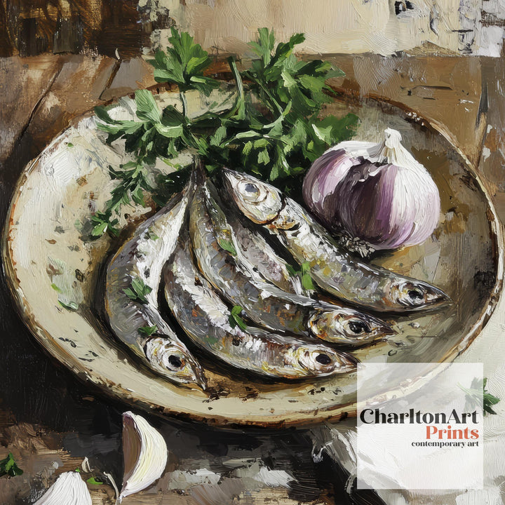 Plate of Sardines Poster Rustic Kitchen Wall Art Coastal Decor Vintage Food Illustration Mediterranean Cuisine Print