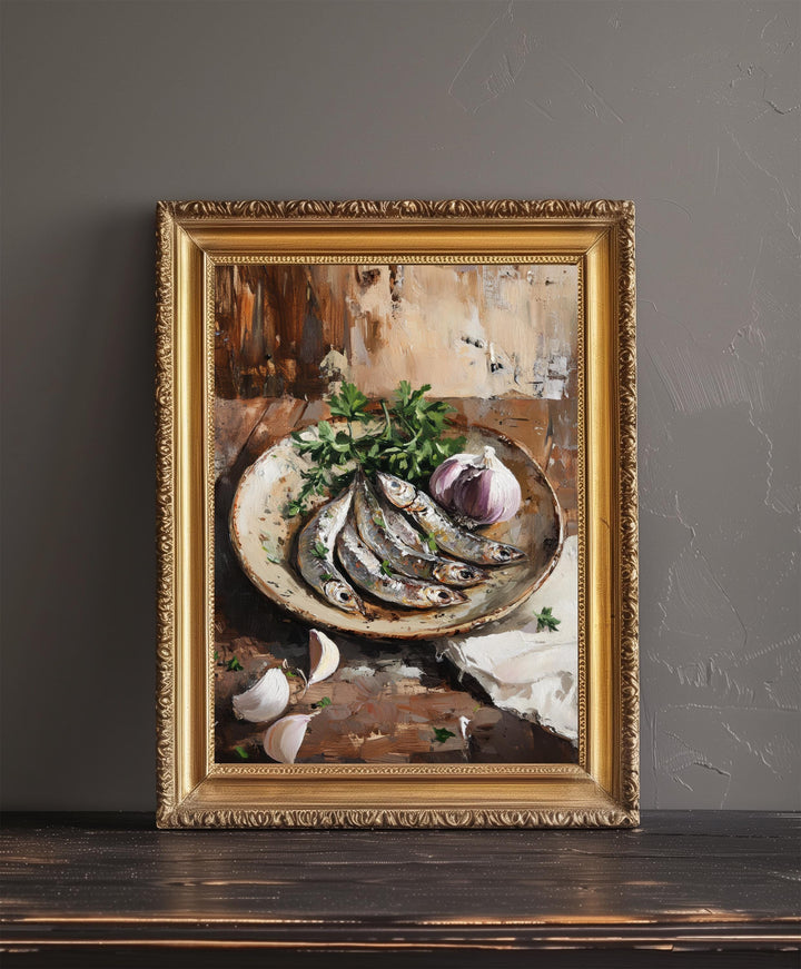 Plate of Sardines Poster Rustic Kitchen Wall Art Coastal Decor Vintage Food Illustration Mediterranean Cuisine Print