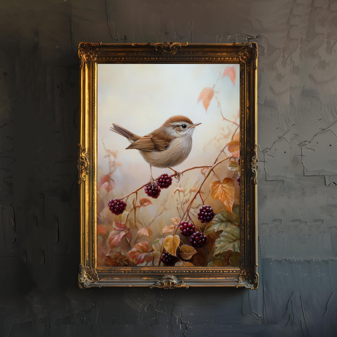 Wren Poster Cottagecore Decor Dark Academia Art Enchanted Bird Illustration Vintage Nature Wall Art Rustic Aesthetic