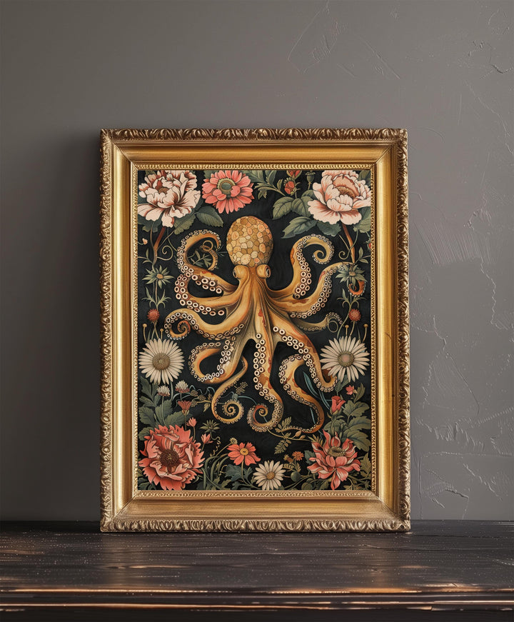 William Morris Octopus Poster Coastal Cottage Decor Vintage Marine Life Art Ornate Sea Creature Illustration