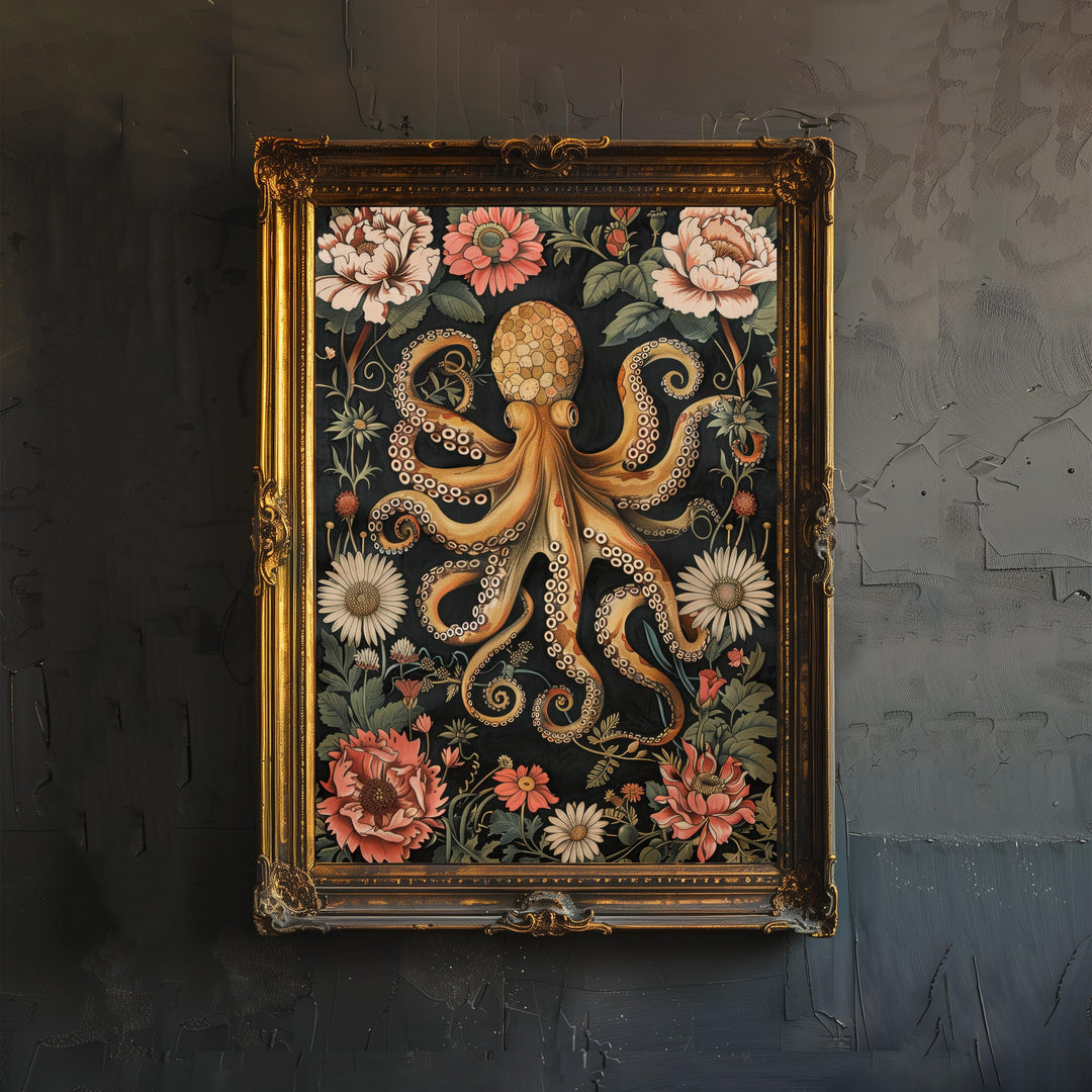 William Morris Octopus Poster Coastal Cottage Decor Vintage Marine Life Art Ornate Sea Creature Illustration