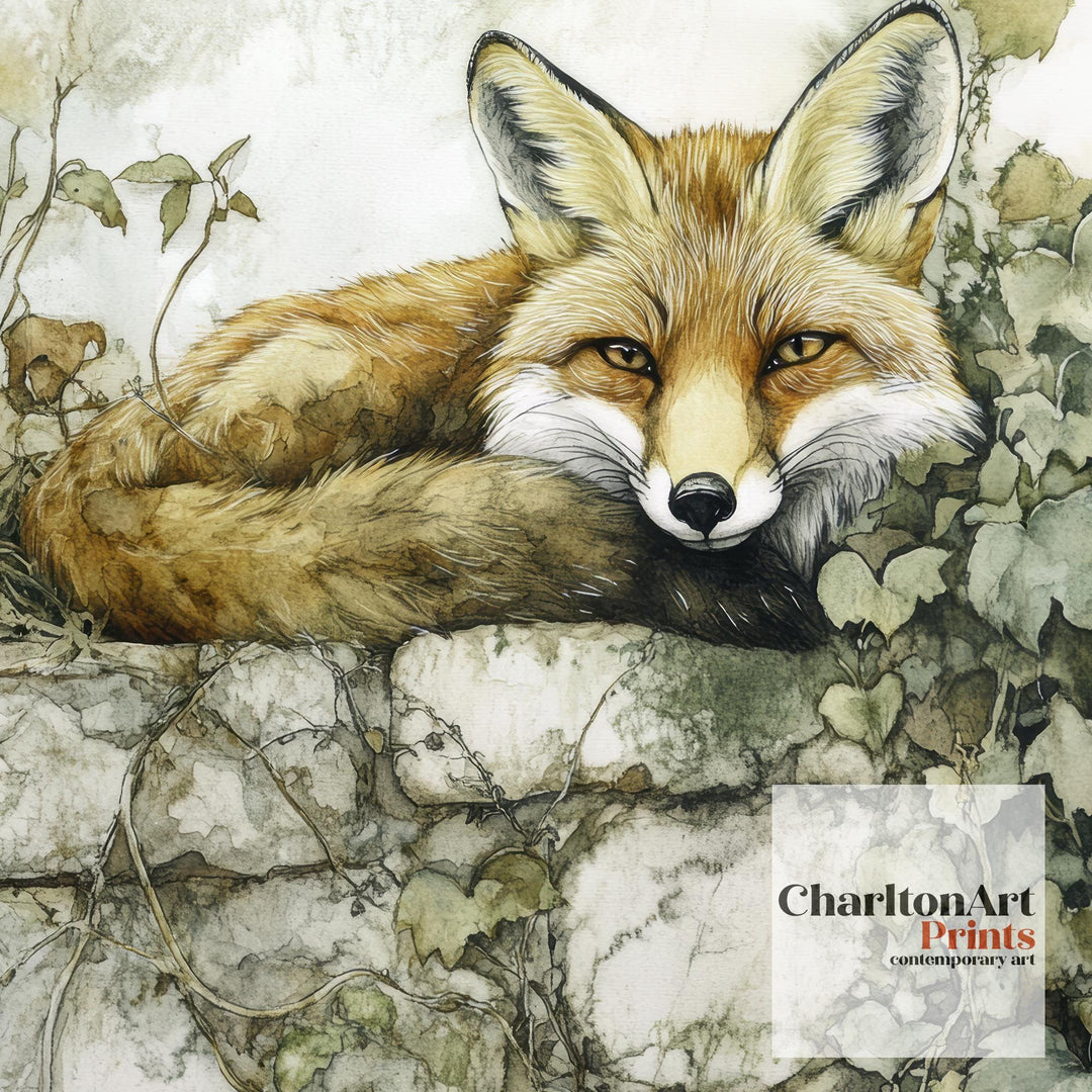 Fox on a Stone Wall Watercolour Cottagecore Decor Rustic Wildlife Illustration Enchanted Garden Wall Art