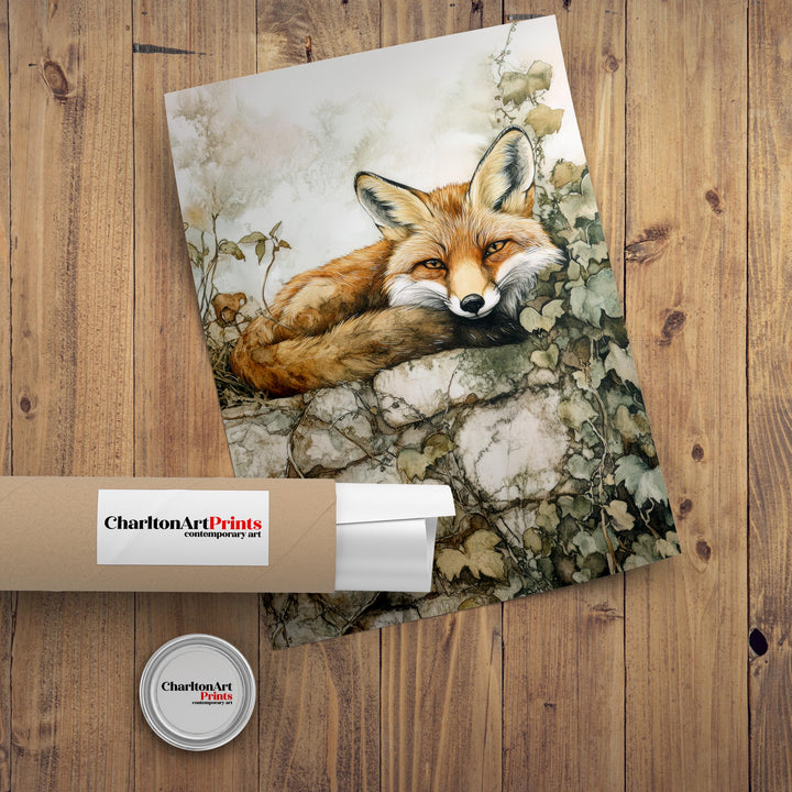 Fox on a Stone Wall Watercolour Cottagecore Decor Rustic Wildlife Illustration Enchanted Garden Wall Art