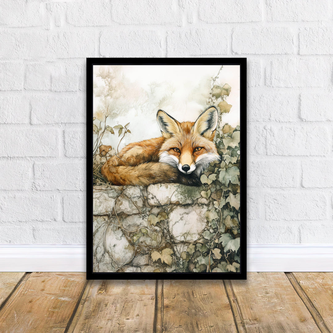 Fox on a Stone Wall Watercolour Cottagecore Decor Rustic Wildlife Illustration Enchanted Garden Wall Art