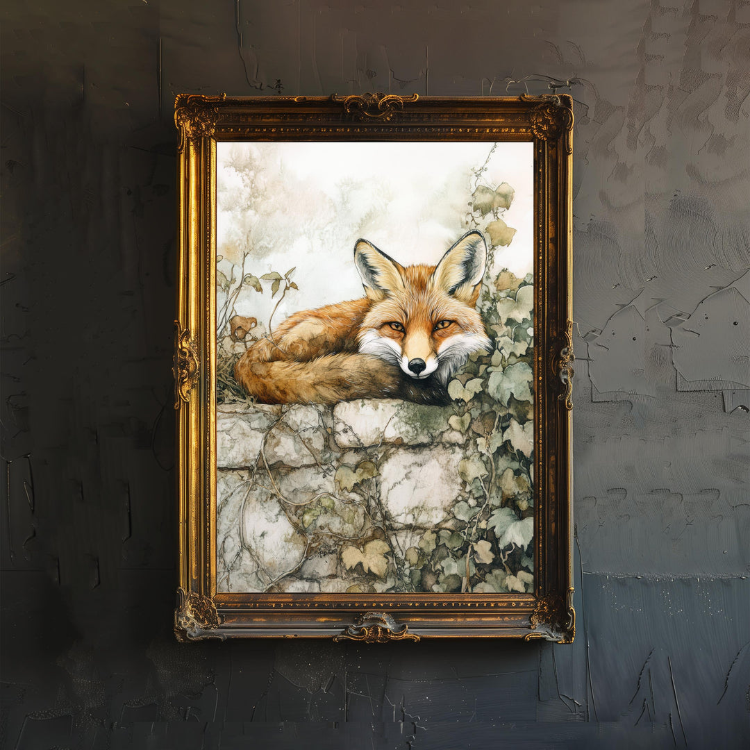 Fox on a Stone Wall Watercolour Cottagecore Decor Rustic Wildlife Illustration Enchanted Garden Wall Art