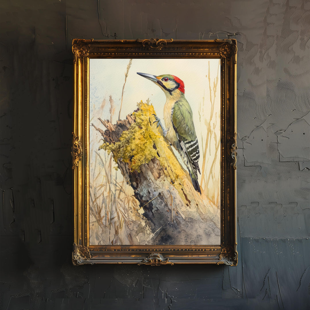 Woodpecker Watercolour Poster Cottagecore Nature Art Vintage Rustic Bird Illustration Woodland Wall Decor