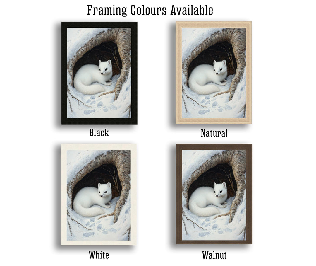Winter Stoat in Tree Hollow Poster Cottagecore Winter Art Rustic Wildlife Illustration Snowy Woodland Decor