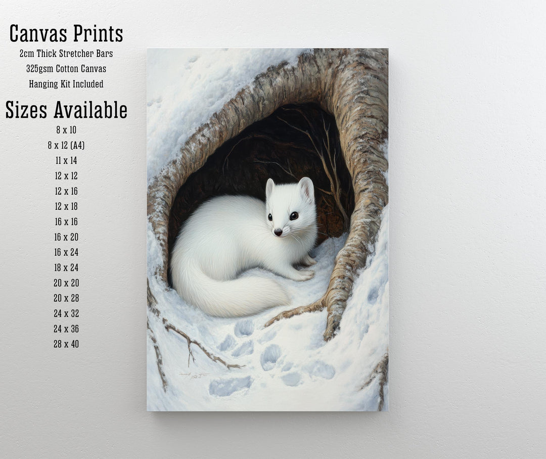 Winter Stoat in Tree Hollow Poster Cottagecore Winter Art Rustic Wildlife Illustration Snowy Woodland Decor