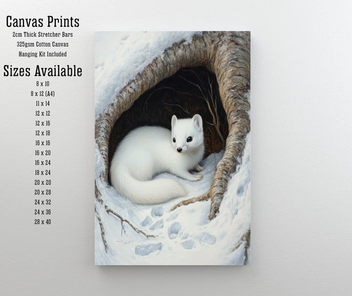 Winter Stoat in Tree Hollow Poster Cottagecore Winter Art Rustic Wildlife Illustration Snowy Woodland Decor