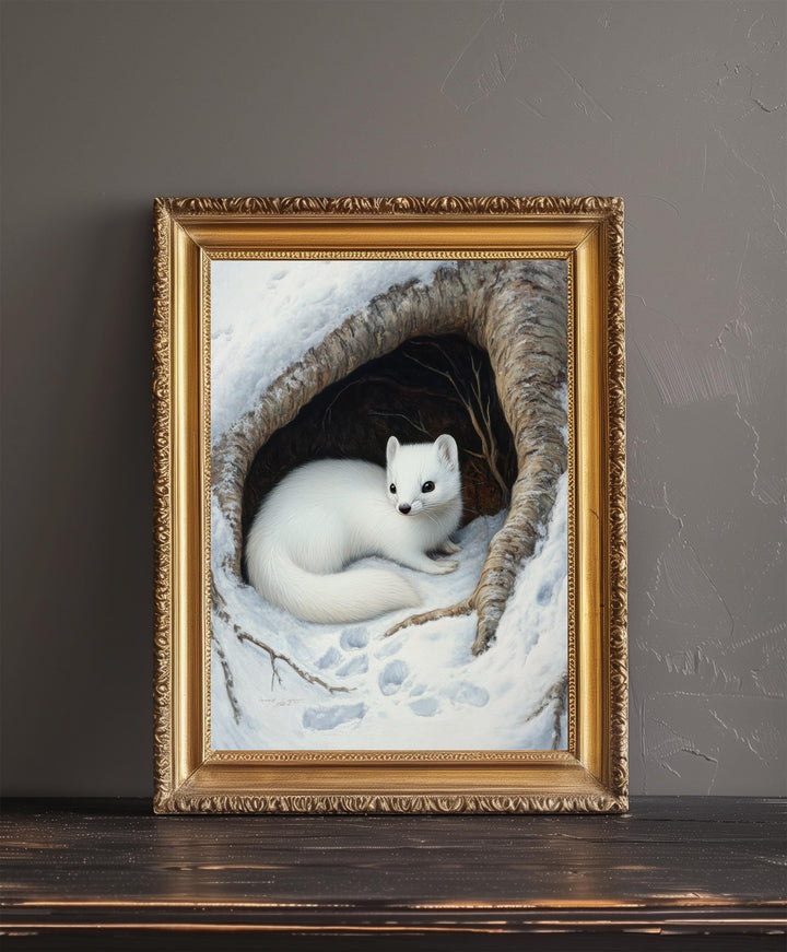 Winter Stoat in Tree Hollow Poster Cottagecore Winter Art Rustic Wildlife Illustration Snowy Woodland Decor