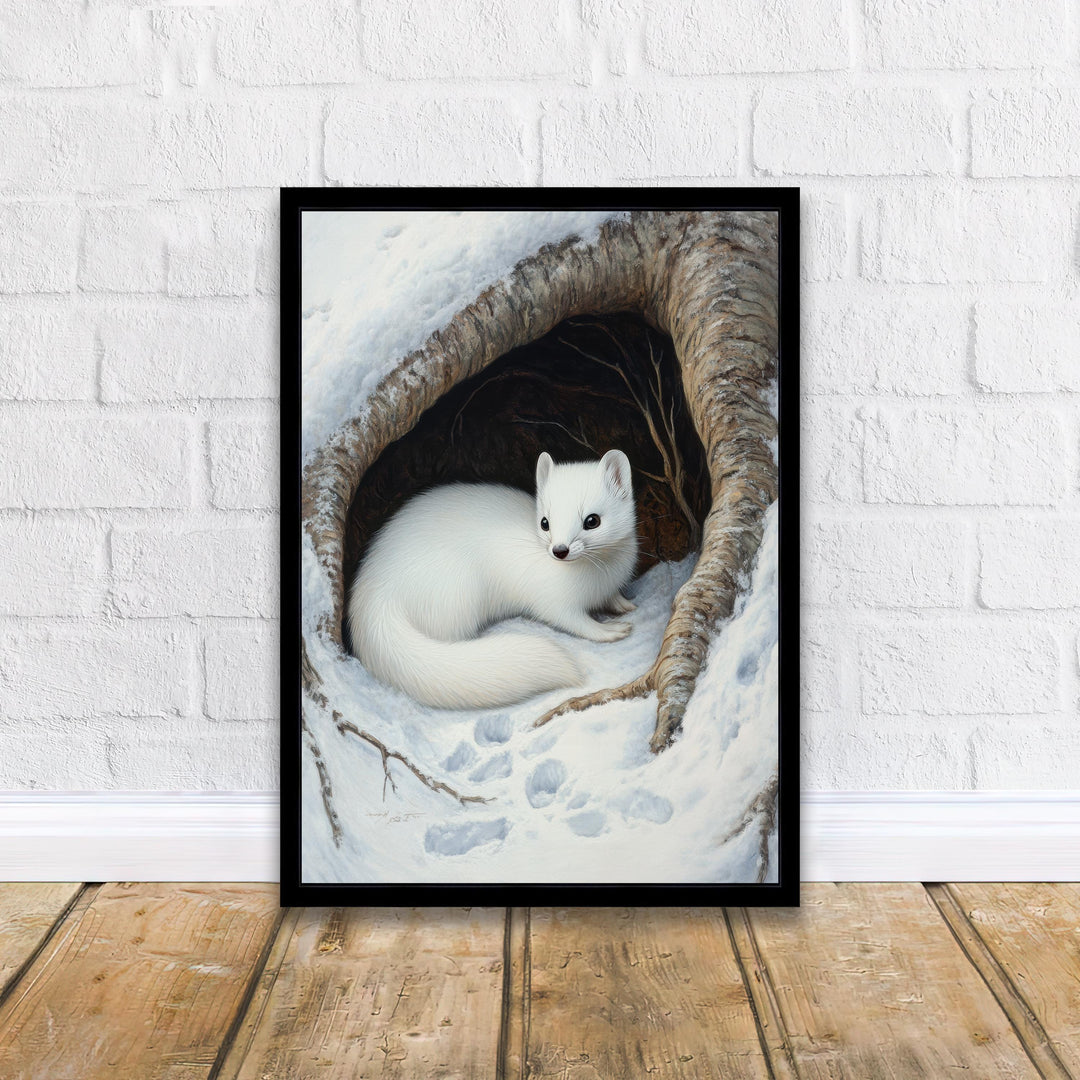 Winter Stoat in Tree Hollow Poster Cottagecore Winter Art Rustic Wildlife Illustration Snowy Woodland Decor