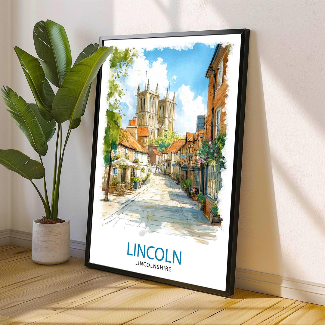Lincoln Cathedral Watercolor Art Print, UK Cityscape Painting, Steep Hill Wall Decor, Medieval History Gift