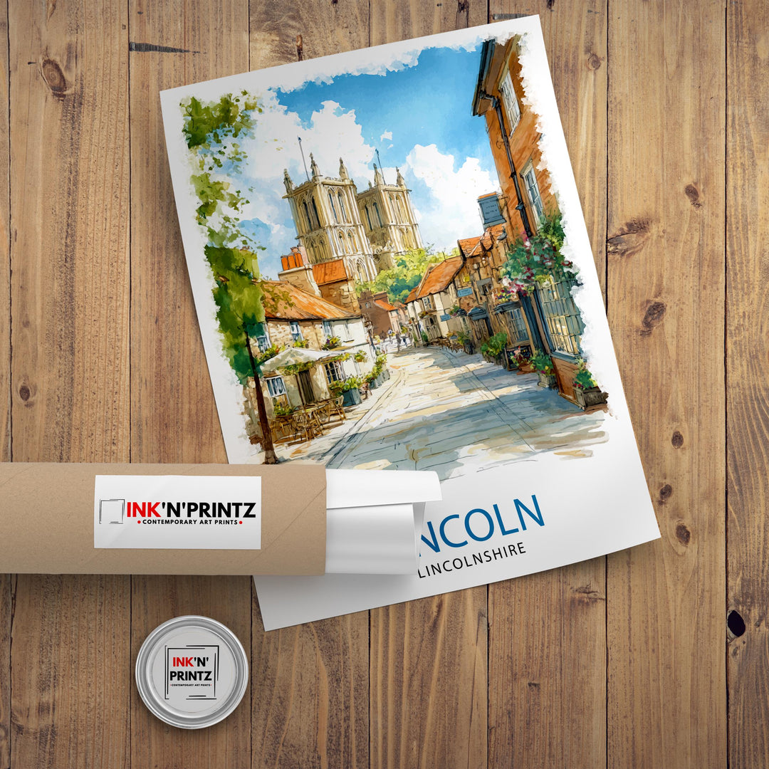 Lincoln Cathedral Watercolor Art Print, UK Cityscape Painting, Steep Hill Wall Decor, Medieval History Gift