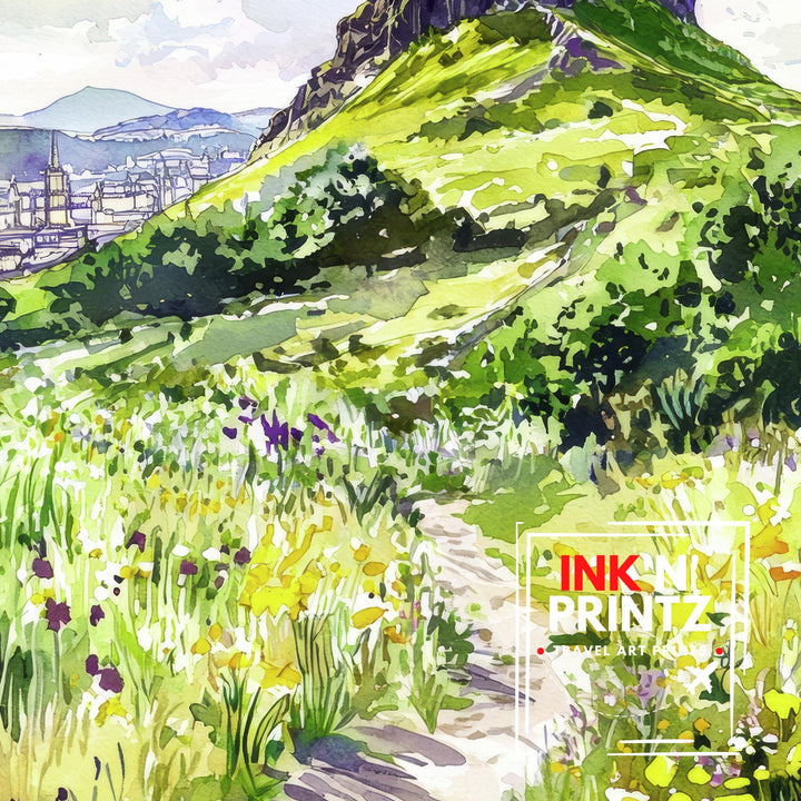 Arthur's Seat Watercolor Art Print, Edinburgh Scotland Painting, Holyrood Park Wall Decor, Scottish Landscape Gift